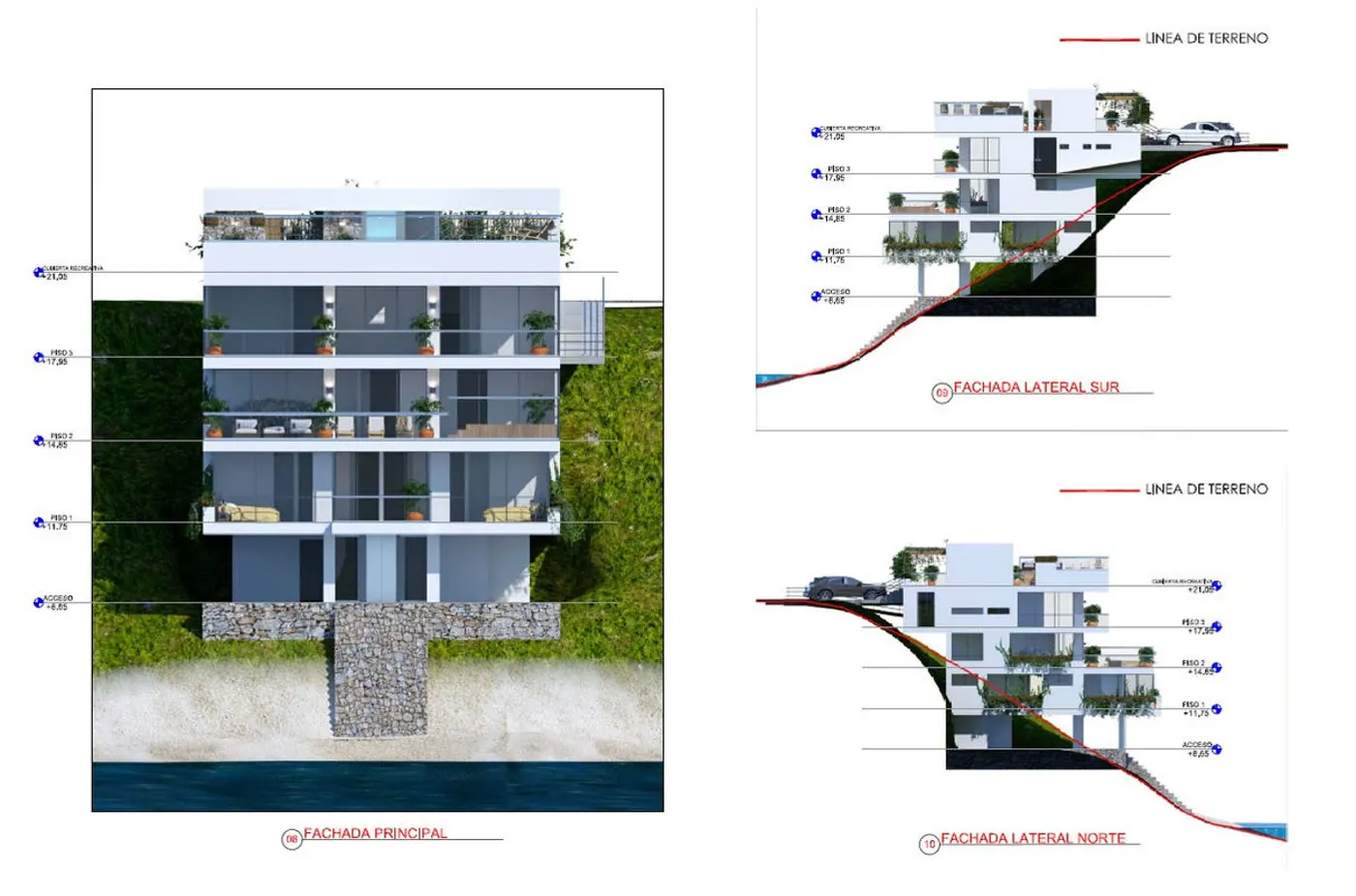 Lámina de fachadas y cortes G-ARQ, documentación técnica para trámite y construcción.