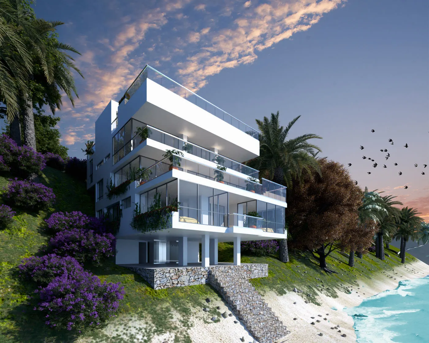 Render G-ARQ: edificio residencial escalonado sobre la costa, con terrazas de vidrio, palmas y escalera de piedra al mar.