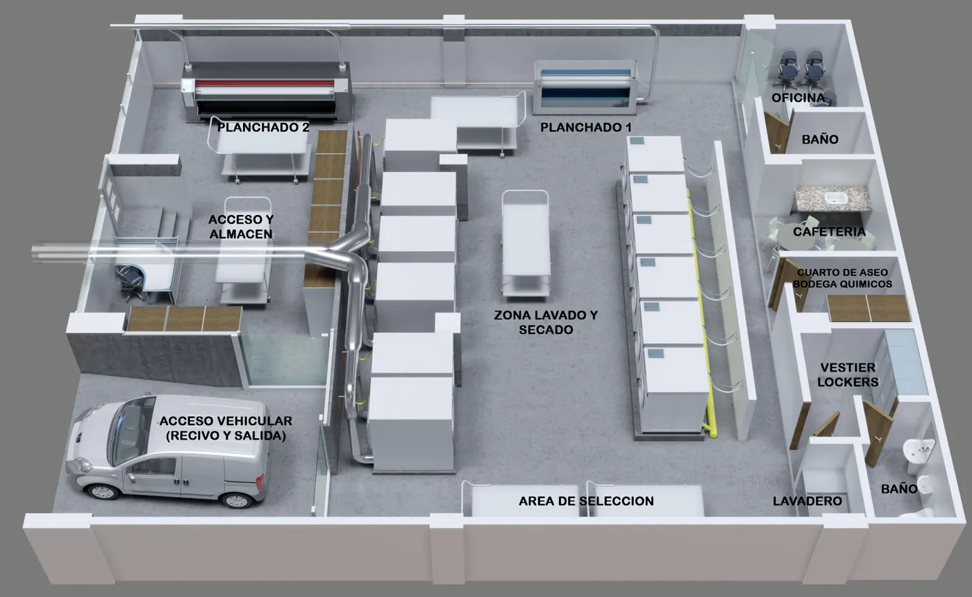 Planta 3D G-ARQ de una nave de lavandería industrial: zonas de lavado, planchado, almacén y acceso vehicular.