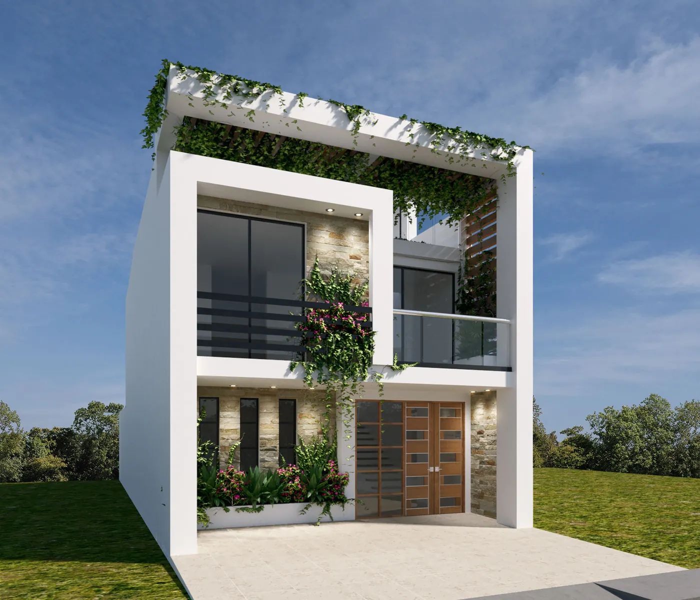 Render G-ARQ de una casa de dos pisos con fachada blanca, piedra, madera y jardín vertical.
